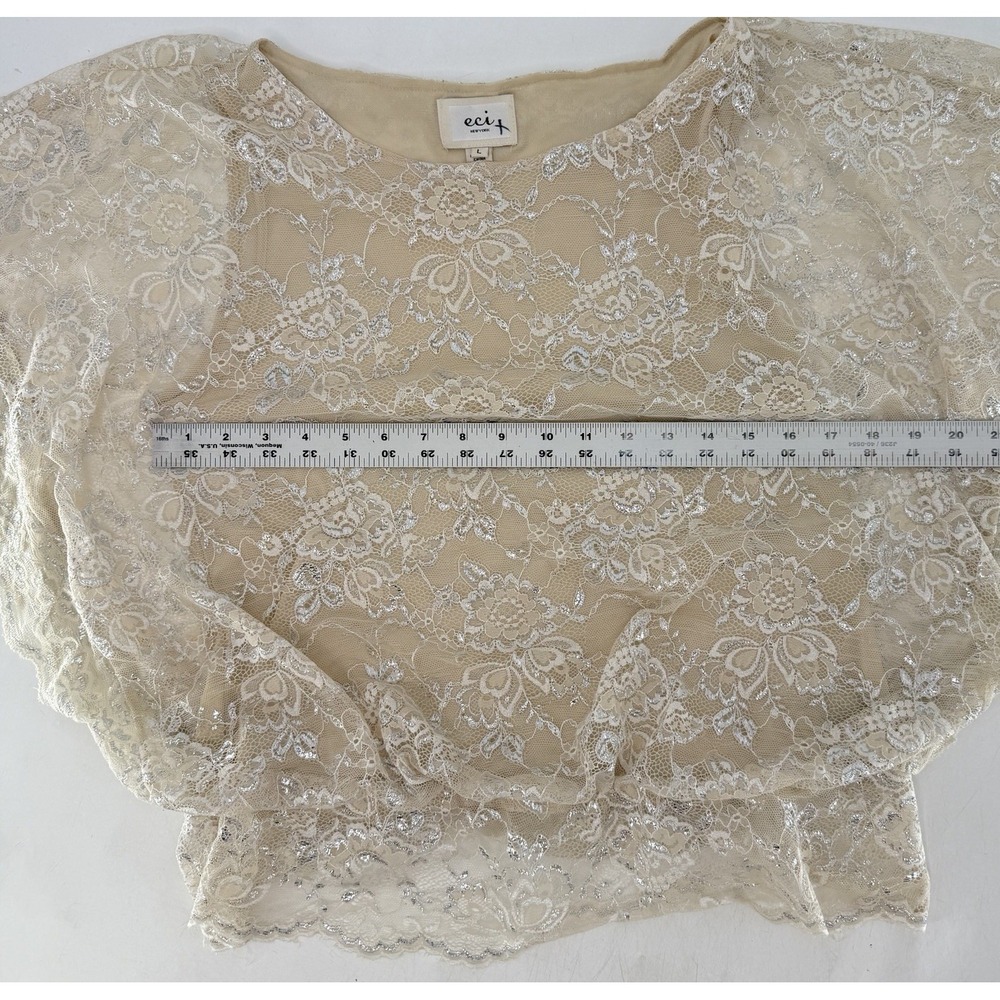 Eci Lace Ivory Beige Blouson Sheer 100% Nylon Blend Lined Blouse Sz L Event - Picture 9 of 9